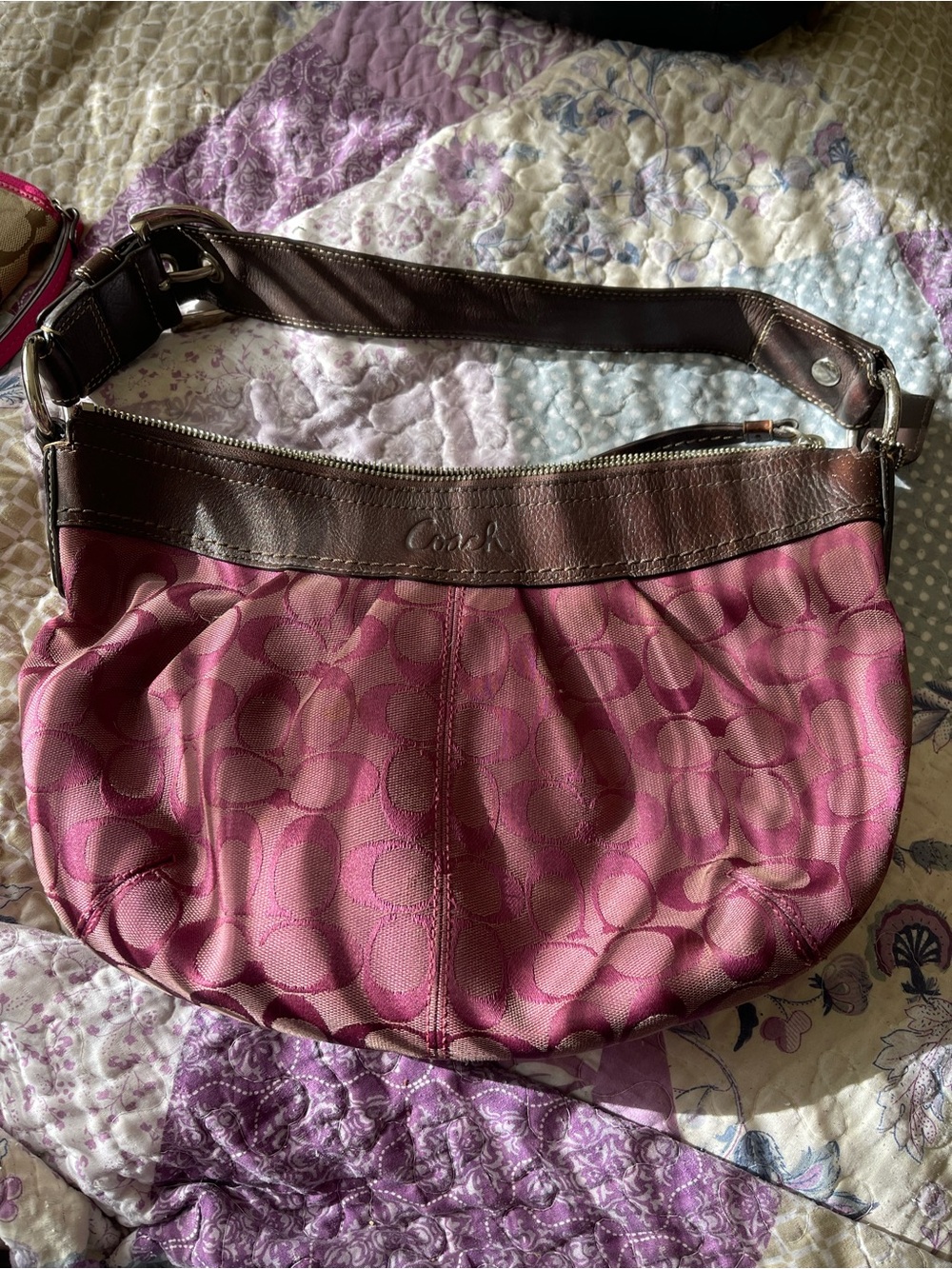 Coach Pink Signature Hobo with Brown Leather Trim